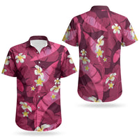 Pink Banana Leaf Hawaii Couples Matching Off Shoulder Maxi Dress and Hawaiian Shirt Lau Maia Plumeria Tropical Summer Vibes