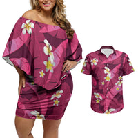 Pink Banana Leaf Hawaii Couples Matching Off Shoulder Short Dress and Hawaiian Shirt Lau Maia Plumeria Tropical Summer Vibes