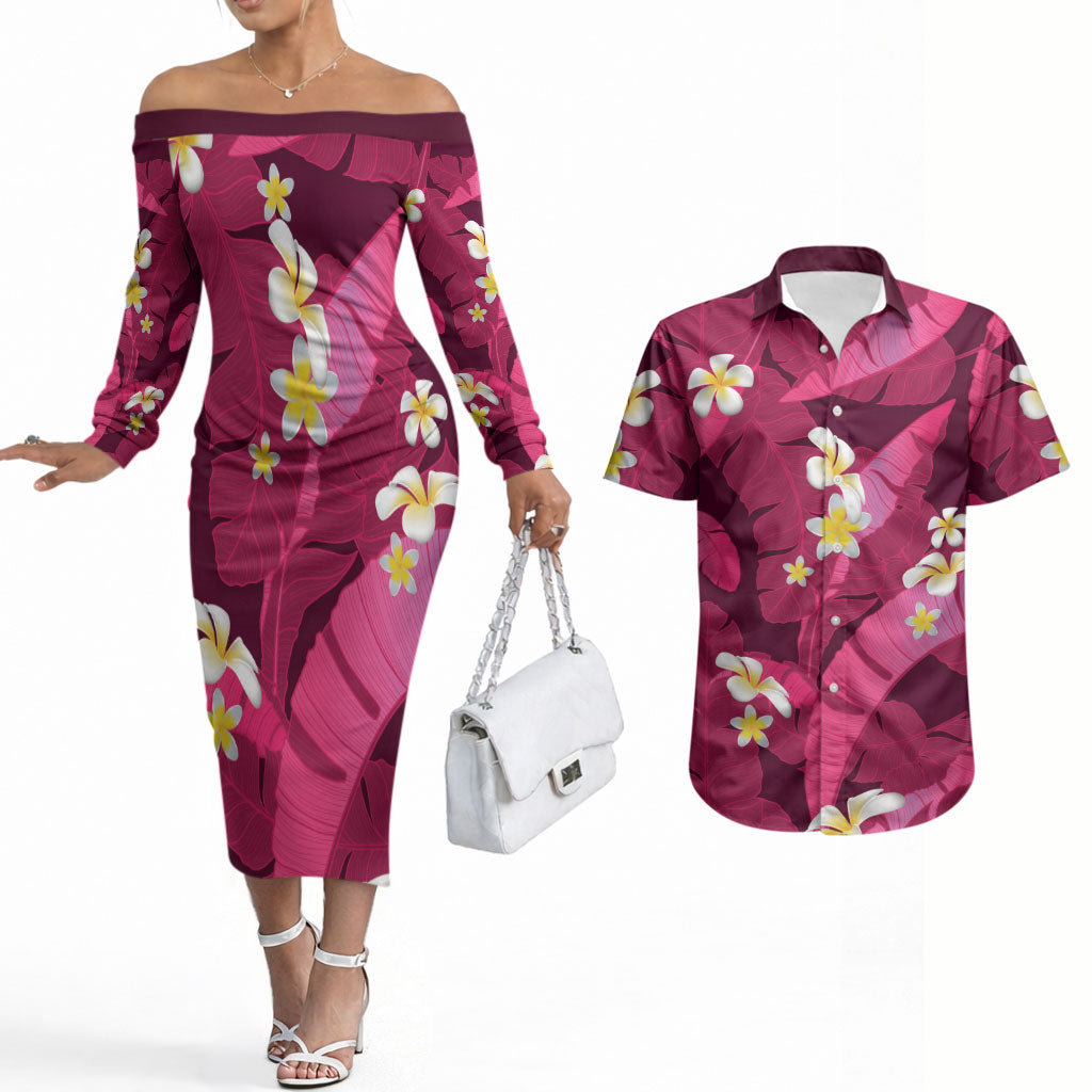 Pink Banana Leaf Hawaii Couples Matching Off The Shoulder Long Sleeve Dress and Hawaiian Shirt Lau Maia Plumeria Tropical Summer Vibes LT14 Pink - Polynesian Pride