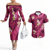 Pink Banana Leaf Hawaii Couples Matching Off The Shoulder Long Sleeve Dress and Hawaiian Shirt Lau Maia Plumeria Tropical Summer Vibes