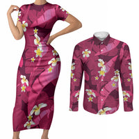 Pink Banana Leaf Hawaii Couples Matching Short Sleeve Bodycon Dress and Long Sleeve Button Shirt Lau Maia Plumeria Tropical Summer Vibes
