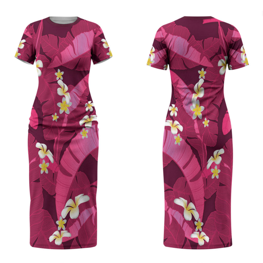 Pink Banana Leaf Hawaii Couples Matching Short Sleeve Bodycon Dress and Long Sleeve Button Shirt Lau Maia Plumeria Tropical Summer Vibes