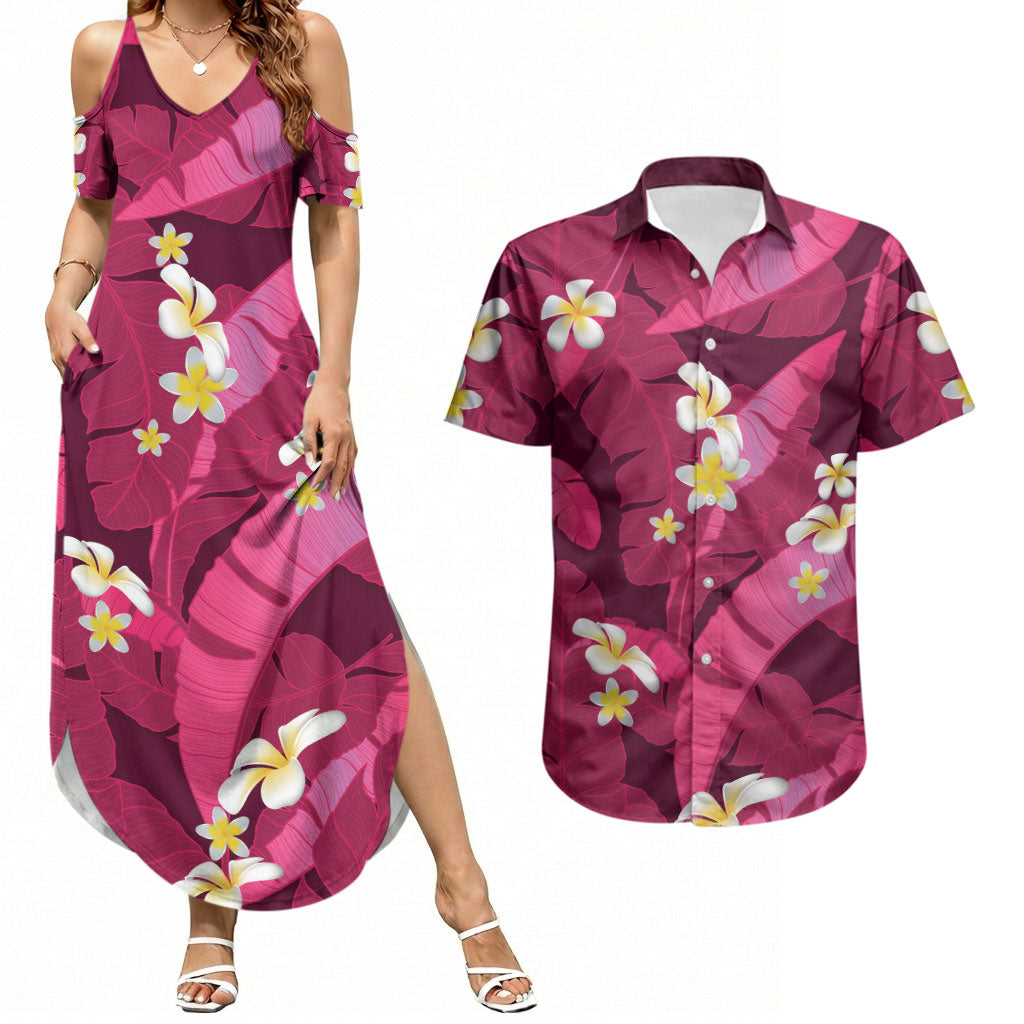 Pink Banana Leaf Hawaii Couples Matching Summer Maxi Dress and Hawaiian Shirt Lau Maia Plumeria Tropical Summer Vibes