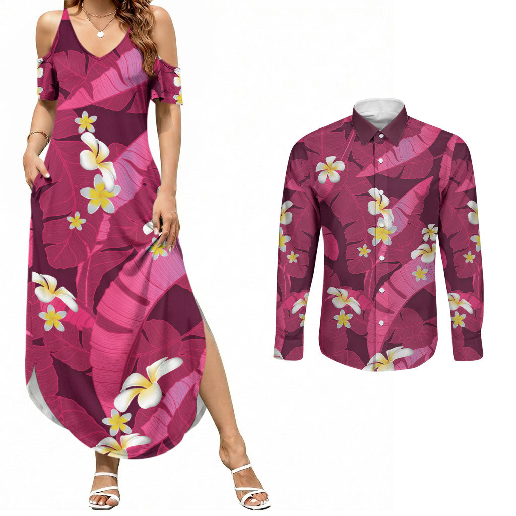 Pink Banana Leaf Hawaii Couples Matching Summer Maxi Dress and Long Sleeve Button Shirt Lau Maia Plumeria Tropical Summer Vibes