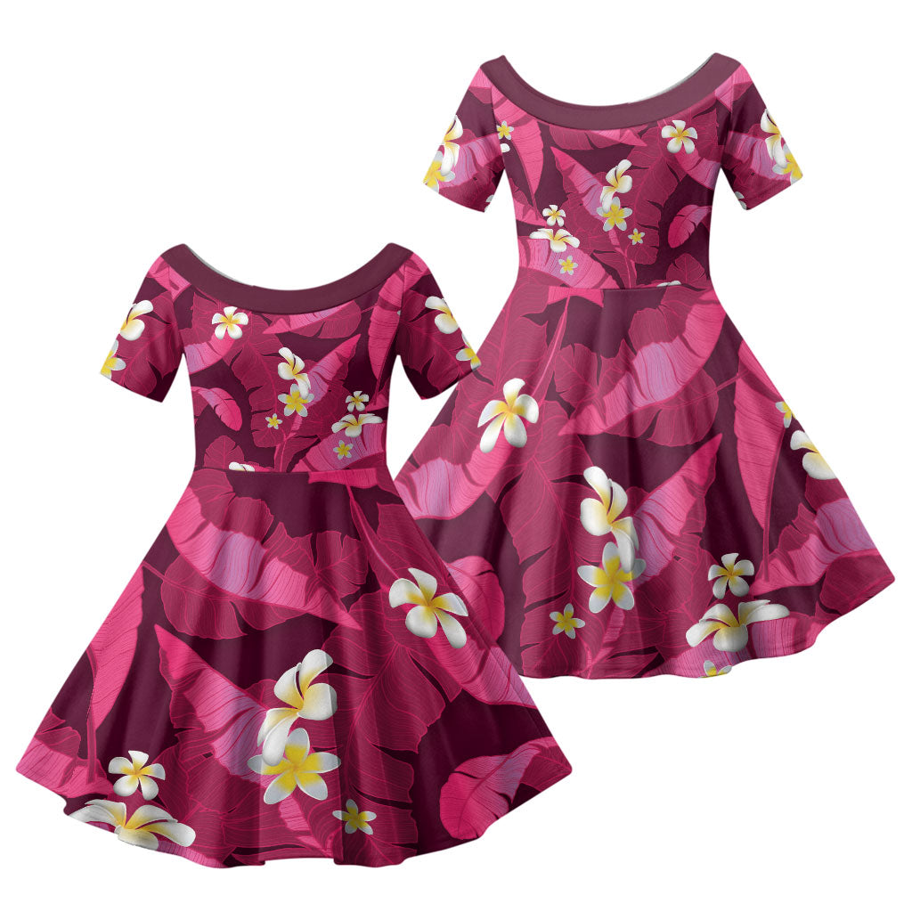 Pink Banana Leaf Hawaii Family Matching Long Sleeve Bodycon Dress and Hawaiian Shirt Lau Maia Plumeria Tropical Summer Vibes