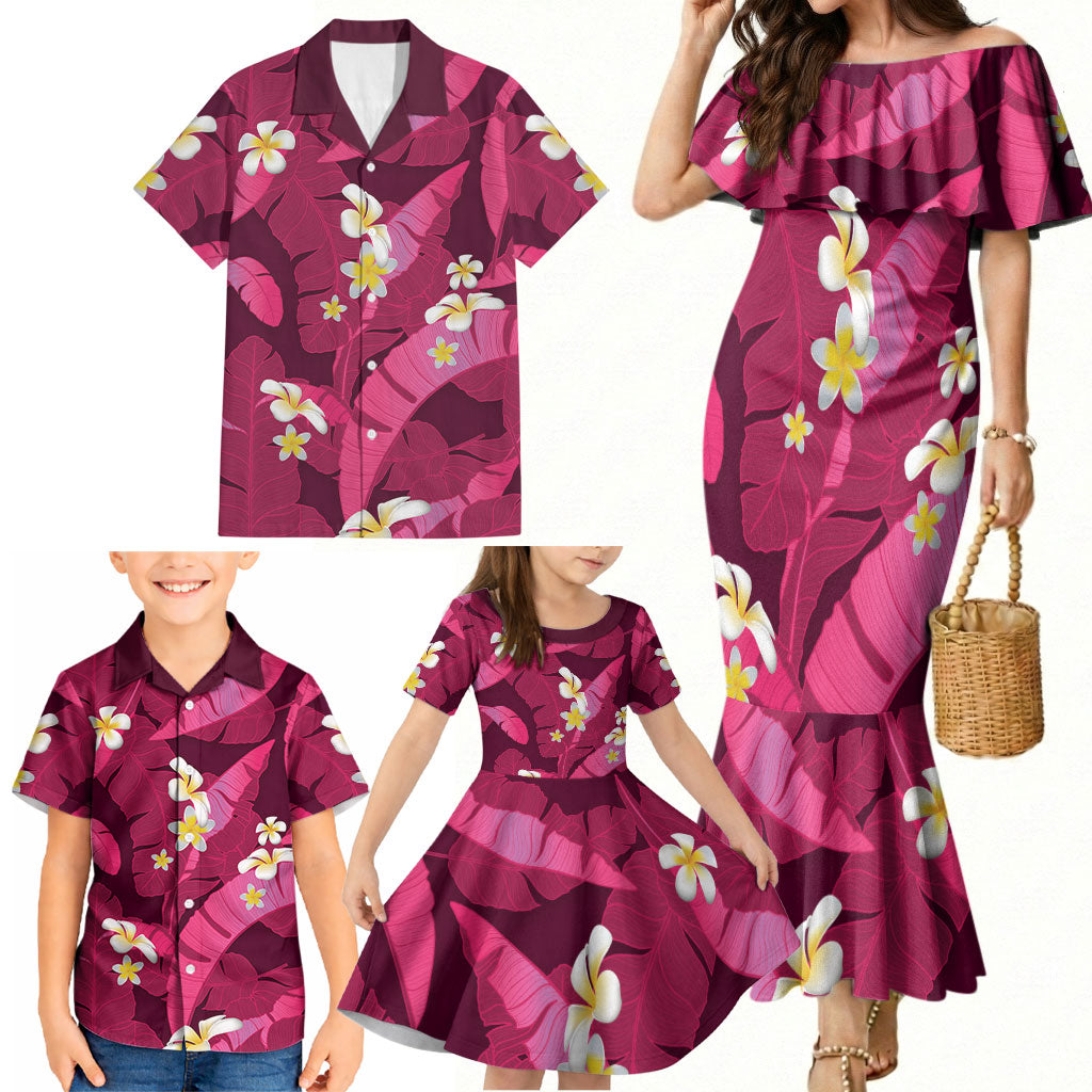 Pink Banana Leaf Hawaii Family Matching Mermaid Dress and Hawaiian Shirt Lau Maia Plumeria Tropical Summer Vibes