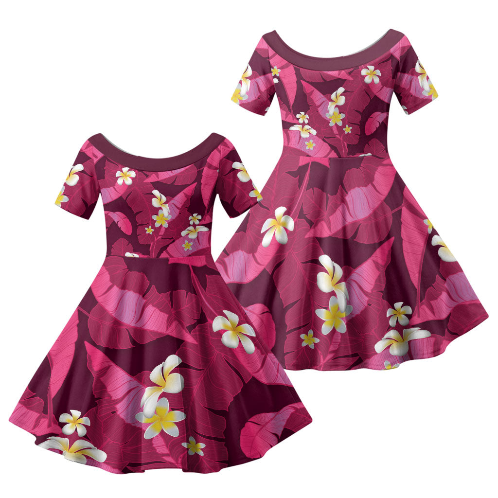 Pink Banana Leaf Hawaii Family Matching Off The Shoulder Long Sleeve Dress and Hawaiian Shirt Lau Maia Plumeria Tropical Summer Vibes