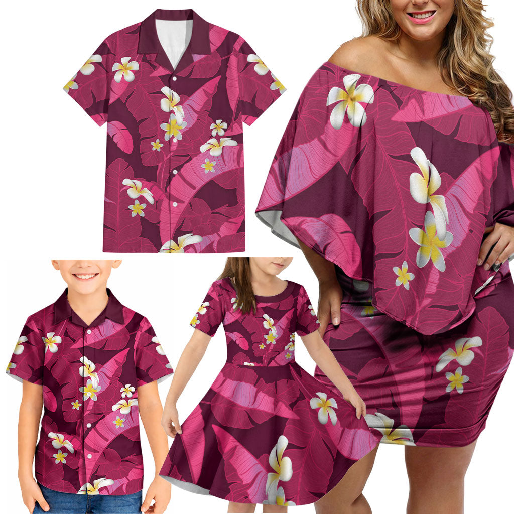 Pink Banana Leaf Hawaii Family Matching Off Shoulder Short Dress and Hawaiian Shirt Lau Maia Plumeria Tropical Summer Vibes