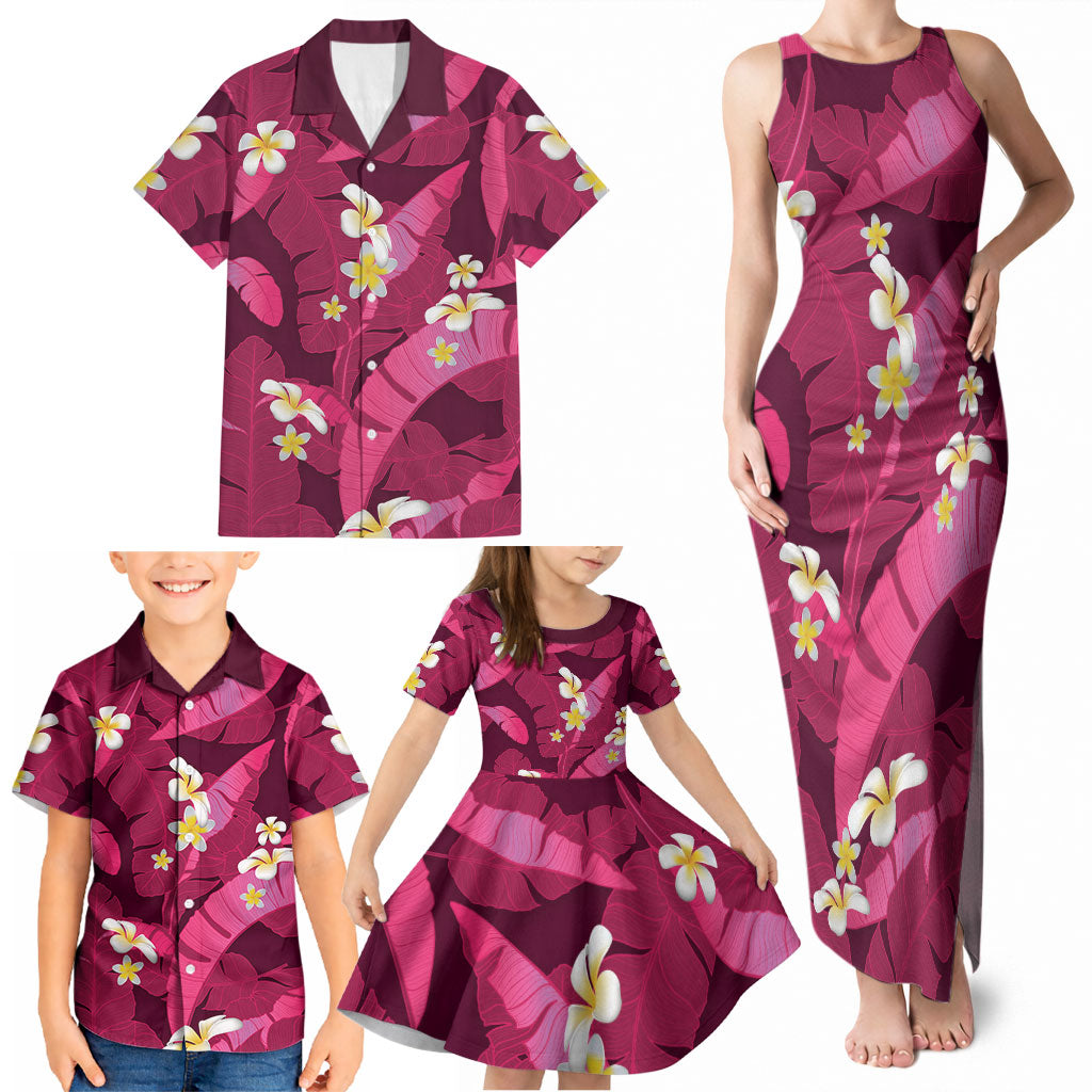 Pink Banana Leaf Hawaii Family Matching Tank Maxi Dress and Hawaiian Shirt Lau Maia Plumeria Tropical Summer Vibes