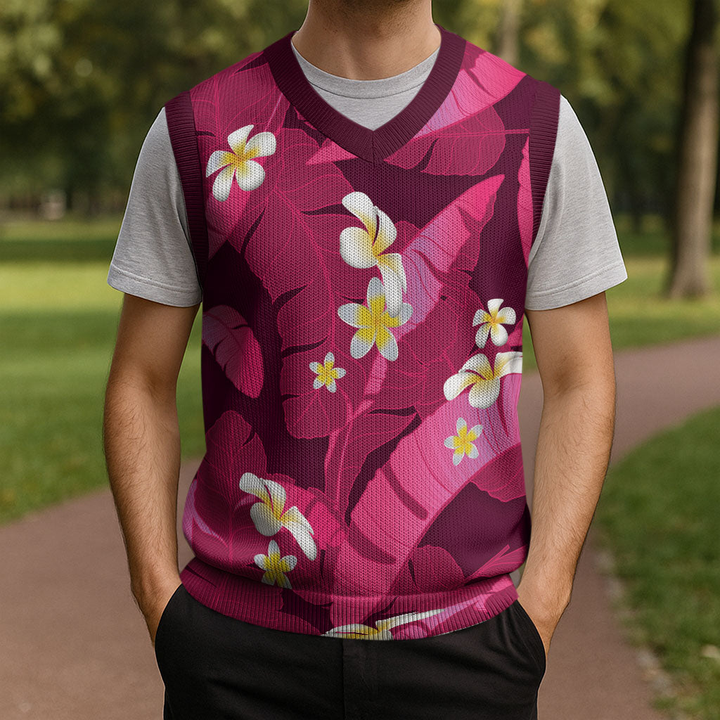Pink Banana Leaf Hawaii Christmas Knitted V-Neck Vest Lau Maia Plumeria Tropical Summer Vibes