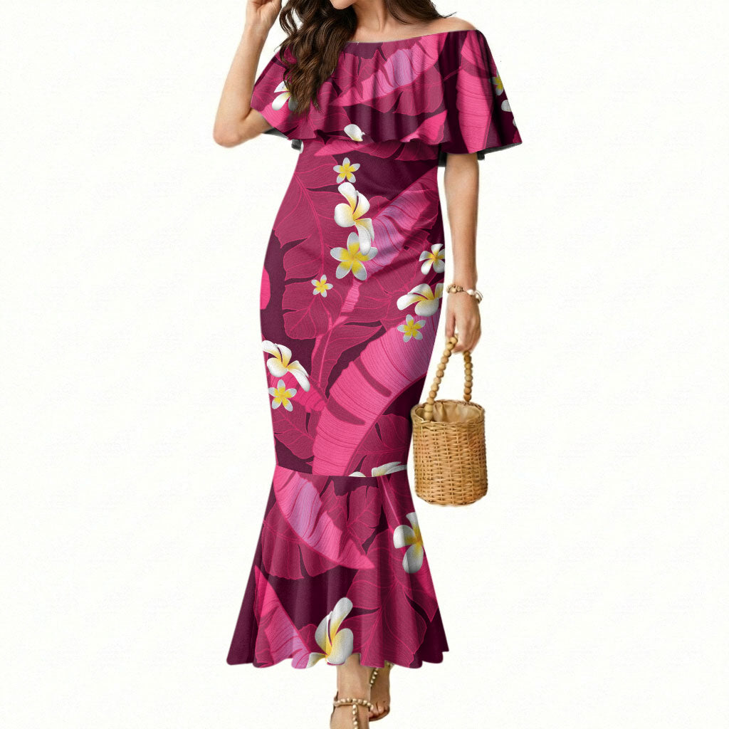 Pink Banana Leaf Hawaii Mermaid Dress Lau Maia Plumeria Tropical Summer Vibes