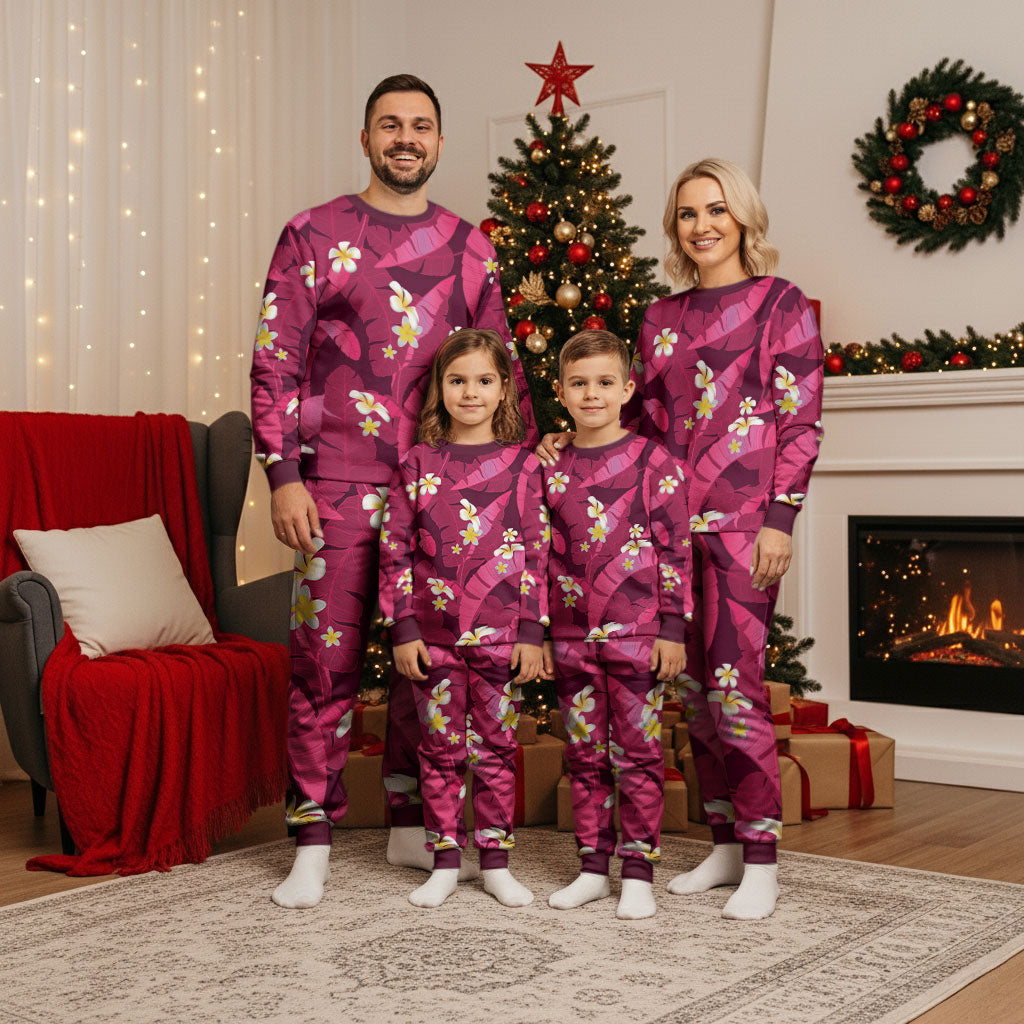 Pink Banana Leaf Hawaii Christmas Pajama Set Lau Maia Plumeria Tropical Summer Vibes