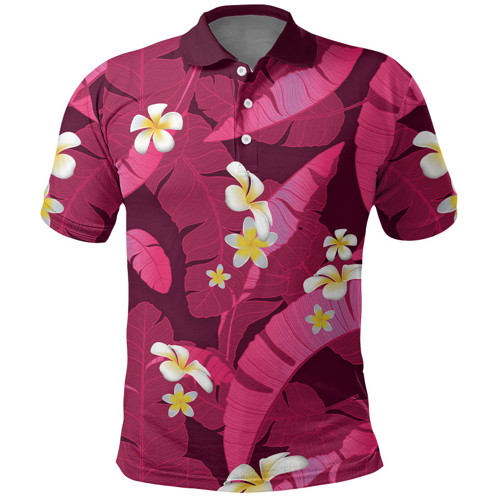 Pink Banana Leaf Hawaii Polo Shirt Lau Maia Plumeria Tropical Summer Vibes