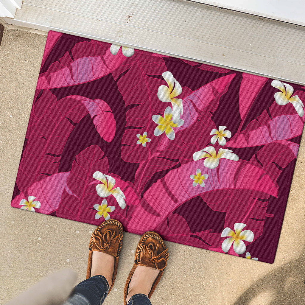 Pink Banana Leaf Hawaii Rubber Doormat Lau Maia Plumeria Tropical Summer Vibes