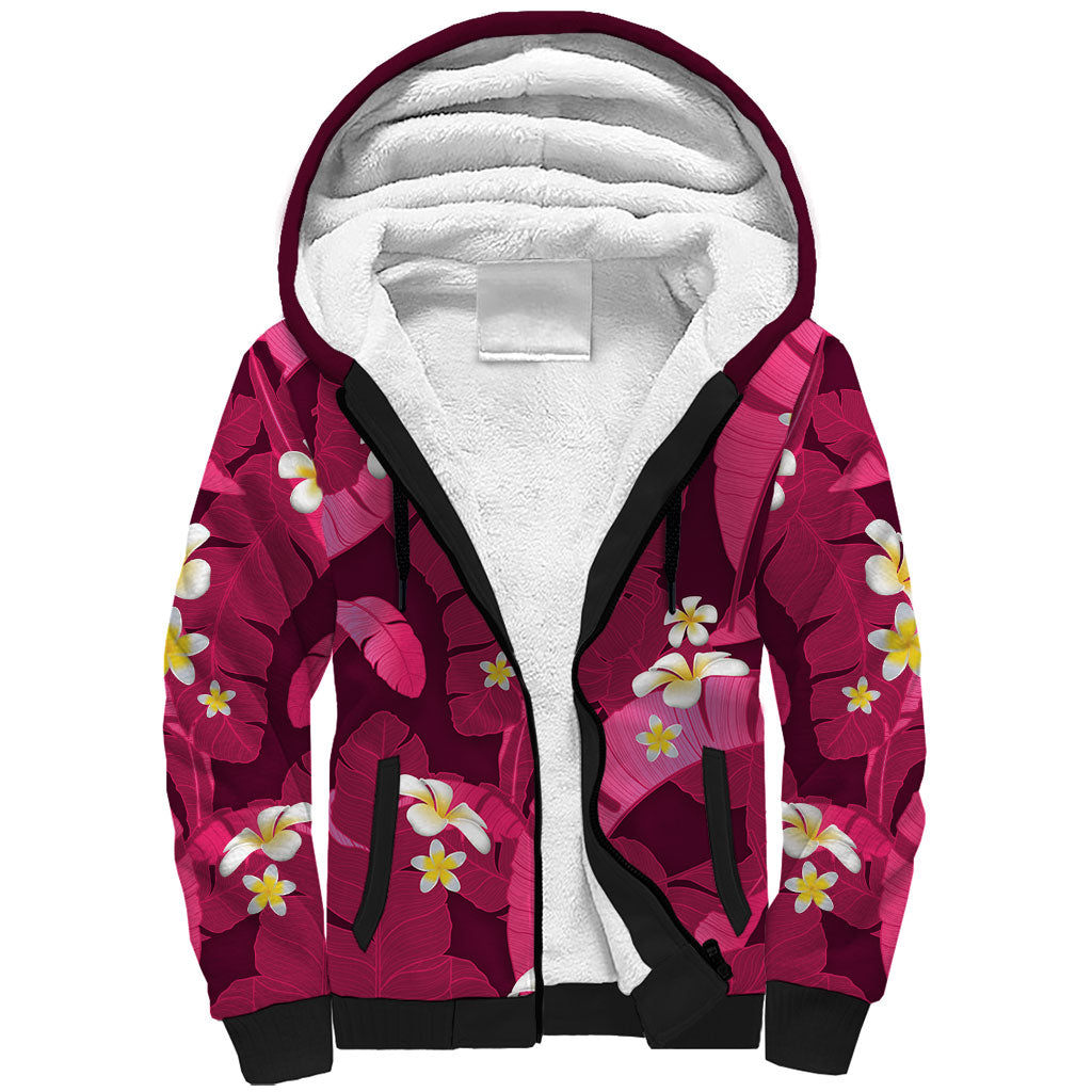 Pink Banana Leaf Hawaii Sherpa Hoodie Lau Maia Plumeria Tropical Summer Vibes