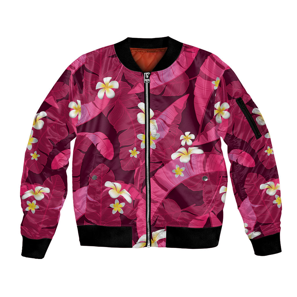 Pink Banana Leaf Hawaii Sleeve Zip Bomber Jacket Lau Maia Plumeria Tropical Summer Vibes