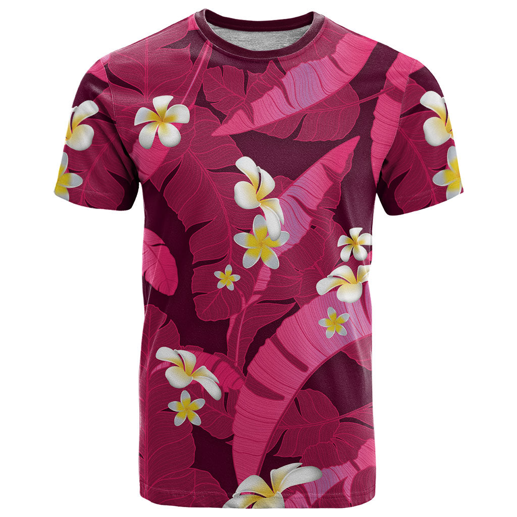 Pink Banana Leaf Hawaii T Shirt Lau Maia Plumeria Tropical Summer Vibes