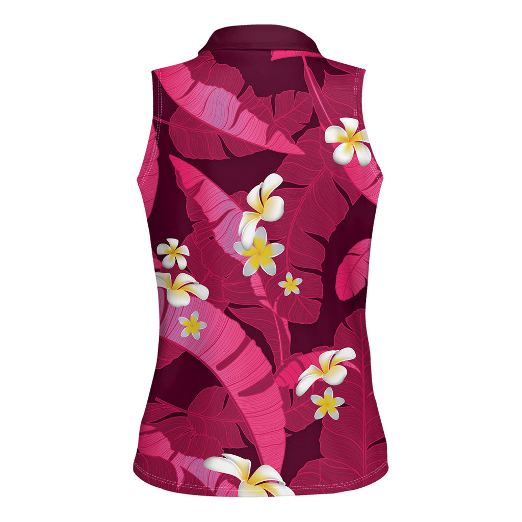 Pink Banana Leaf Hawaii Women Sleeveless Polo Shirt Lau Maia Plumeria Tropical Summer Vibes