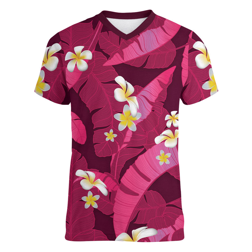 Pink Banana Leaf Hawaii Women V-Neck T-Shirt Lau Maia Plumeria Tropical Summer Vibes
