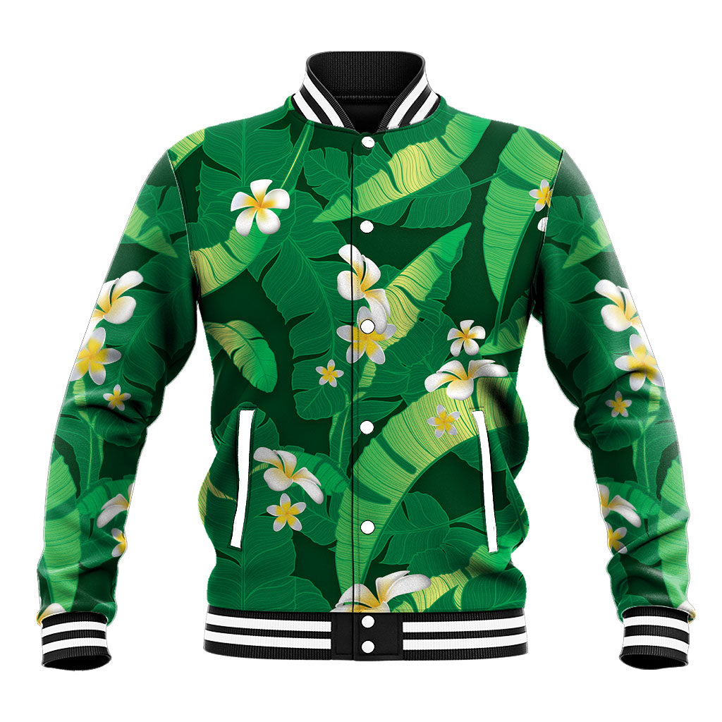 Green Banana Leaf Hawaii Baseball Jacket Lau Maia Plumeria Tropical Summer Vibes LT14 Unisex Green - Polynesian Pride