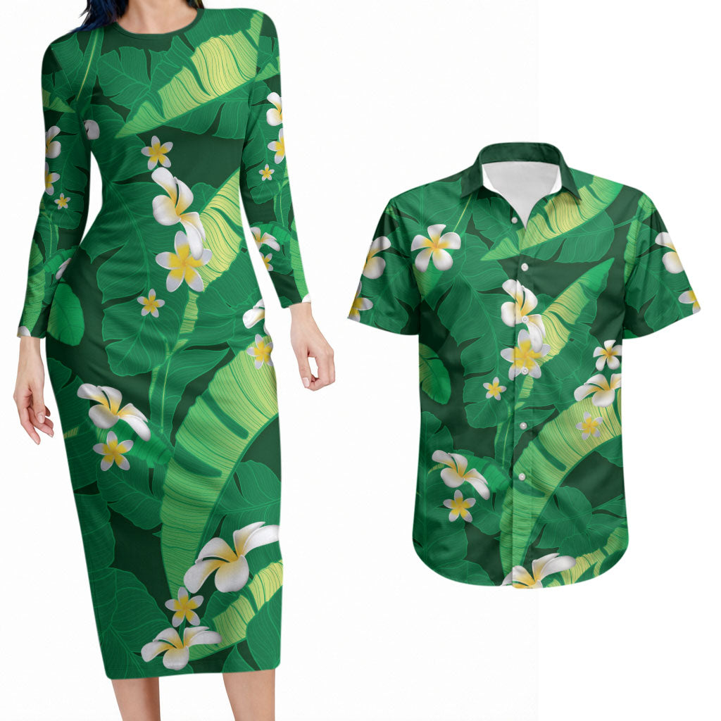 Green Banana Leaf Hawaii Couples Matching Long Sleeve Bodycon Dress and Hawaiian Shirt Lau Maia Plumeria Tropical Summer Vibes