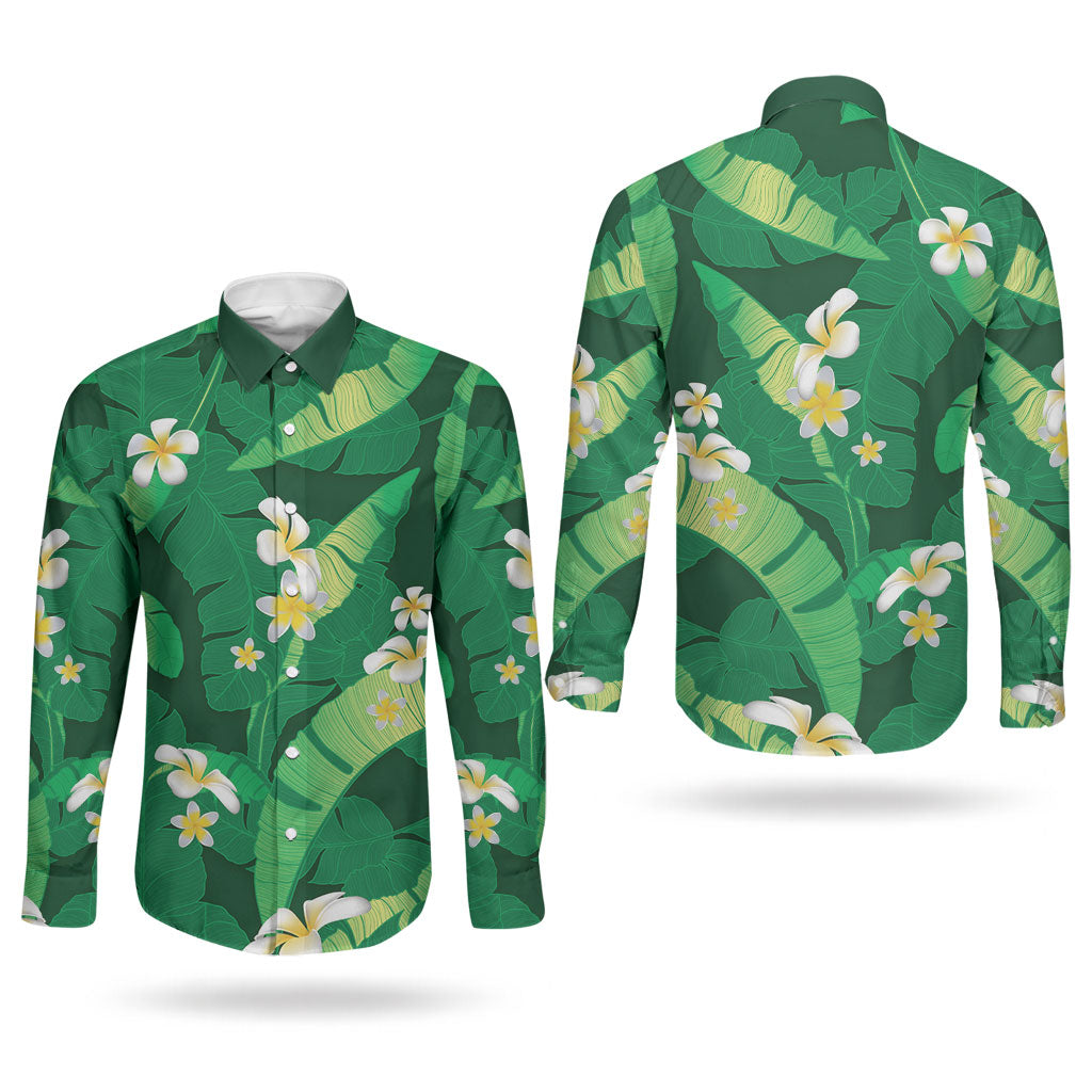 Green Banana Leaf Hawaii Couples Matching Long Sleeve Bodycon Dress and Long Sleeve Button Shirt Lau Maia Plumeria Tropical Summer Vibes