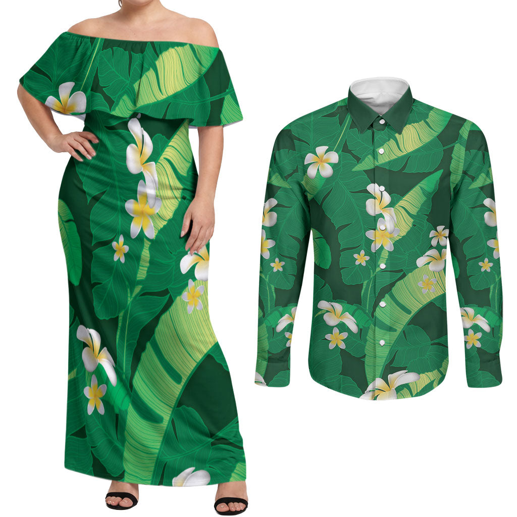 Green Banana Leaf Hawaii Couples Matching Off Shoulder Maxi Dress and Long Sleeve Button Shirt Lau Maia Plumeria Tropical Summer Vibes