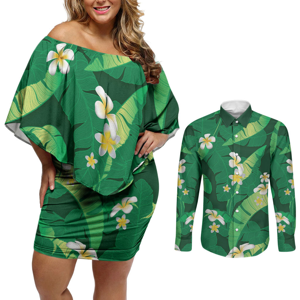 Green Banana Leaf Hawaii Couples Matching Off Shoulder Short Dress and Long Sleeve Button Shirt Lau Maia Plumeria Tropical Summer Vibes LT14 Green - Polynesian Pride