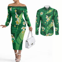 Green Banana Leaf Hawaii Couples Matching Off The Shoulder Long Sleeve Dress and Long Sleeve Button Shirt Lau Maia Plumeria Tropical Summer Vibes