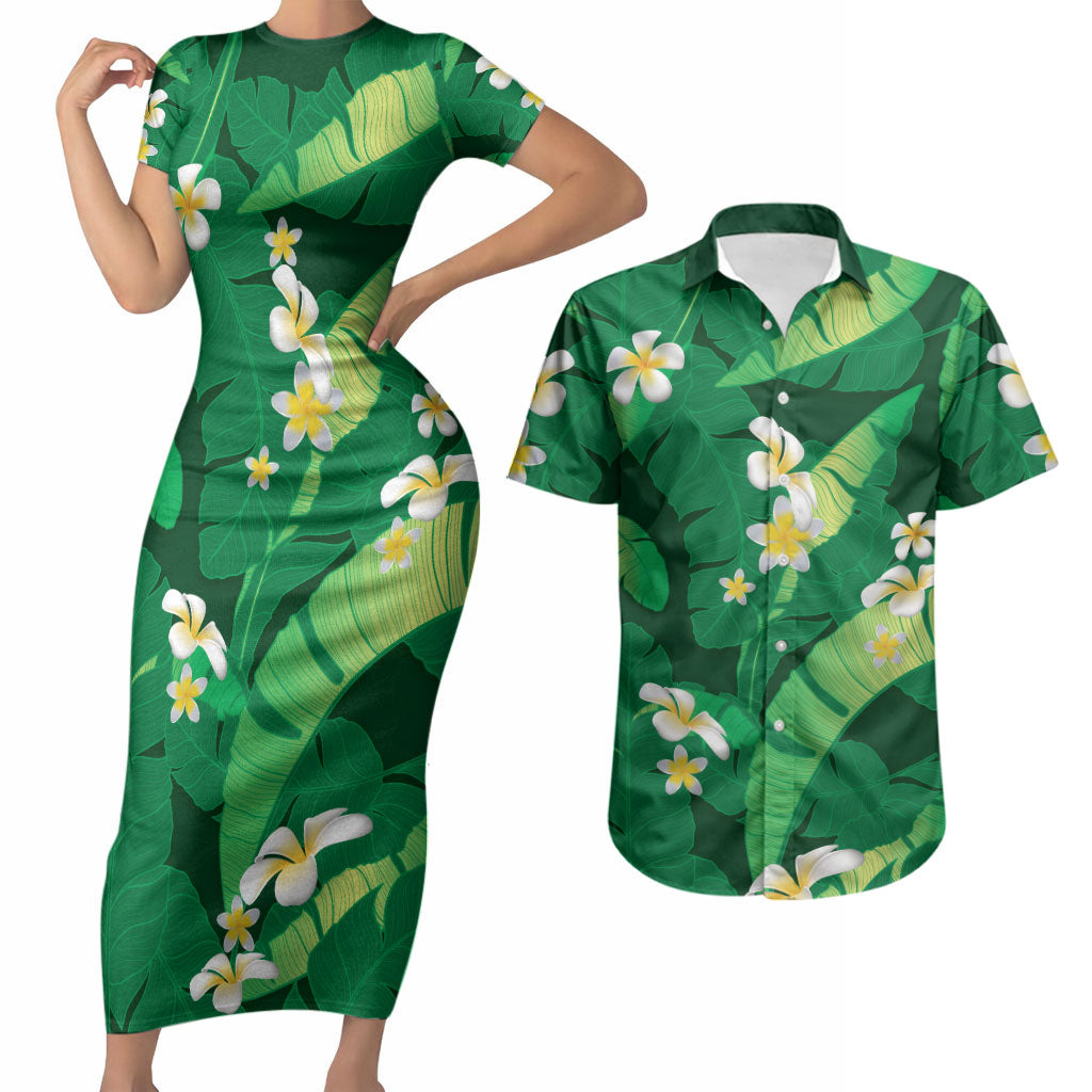 Green Banana Leaf Hawaii Couples Matching Short Sleeve Bodycon Dress and Hawaiian Shirt Lau Maia Plumeria Tropical Summer Vibes LT14 Green - Polynesian Pride
