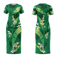 Green Banana Leaf Hawaii Couples Matching Short Sleeve Bodycon Dress and Long Sleeve Button Shirt Lau Maia Plumeria Tropical Summer Vibes