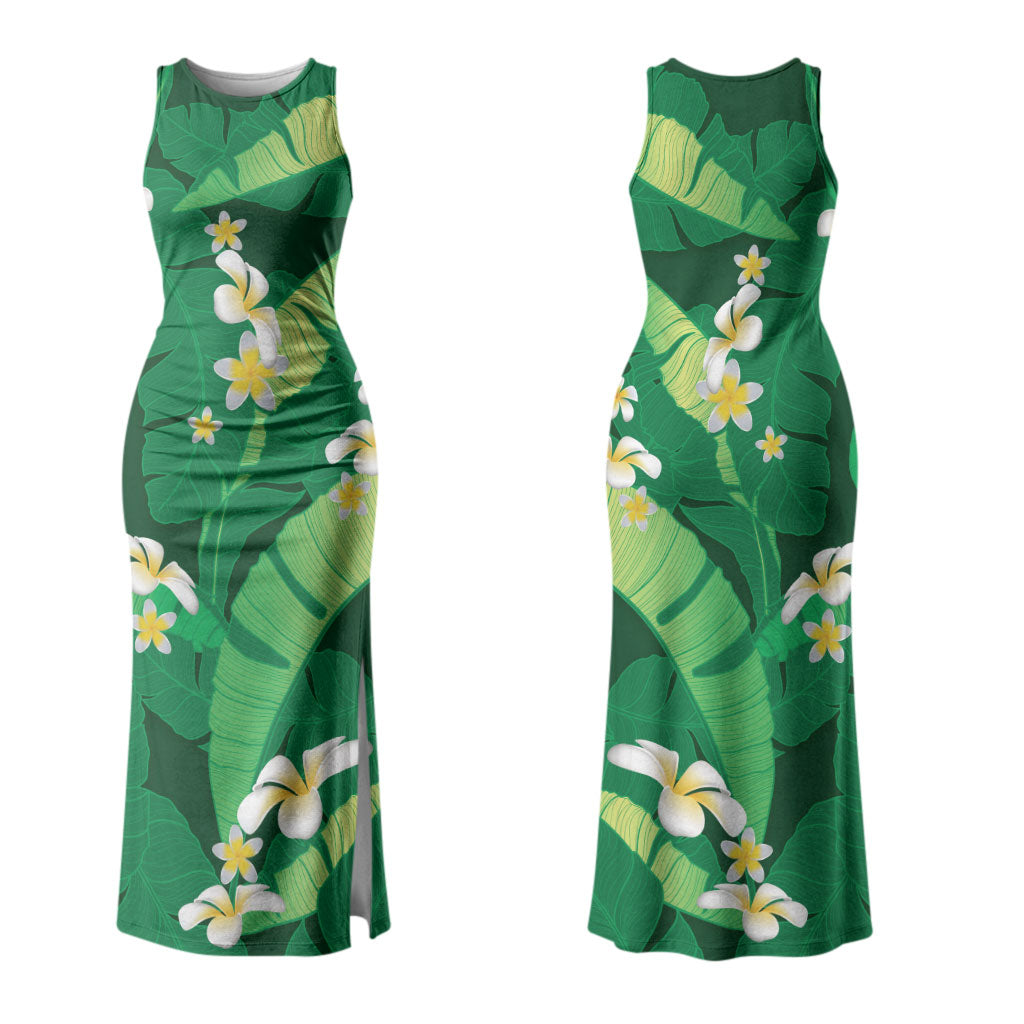 Green Banana Leaf Hawaii Couples Matching Tank Maxi Dress and Hawaiian Shirt Lau Maia Plumeria Tropical Summer Vibes