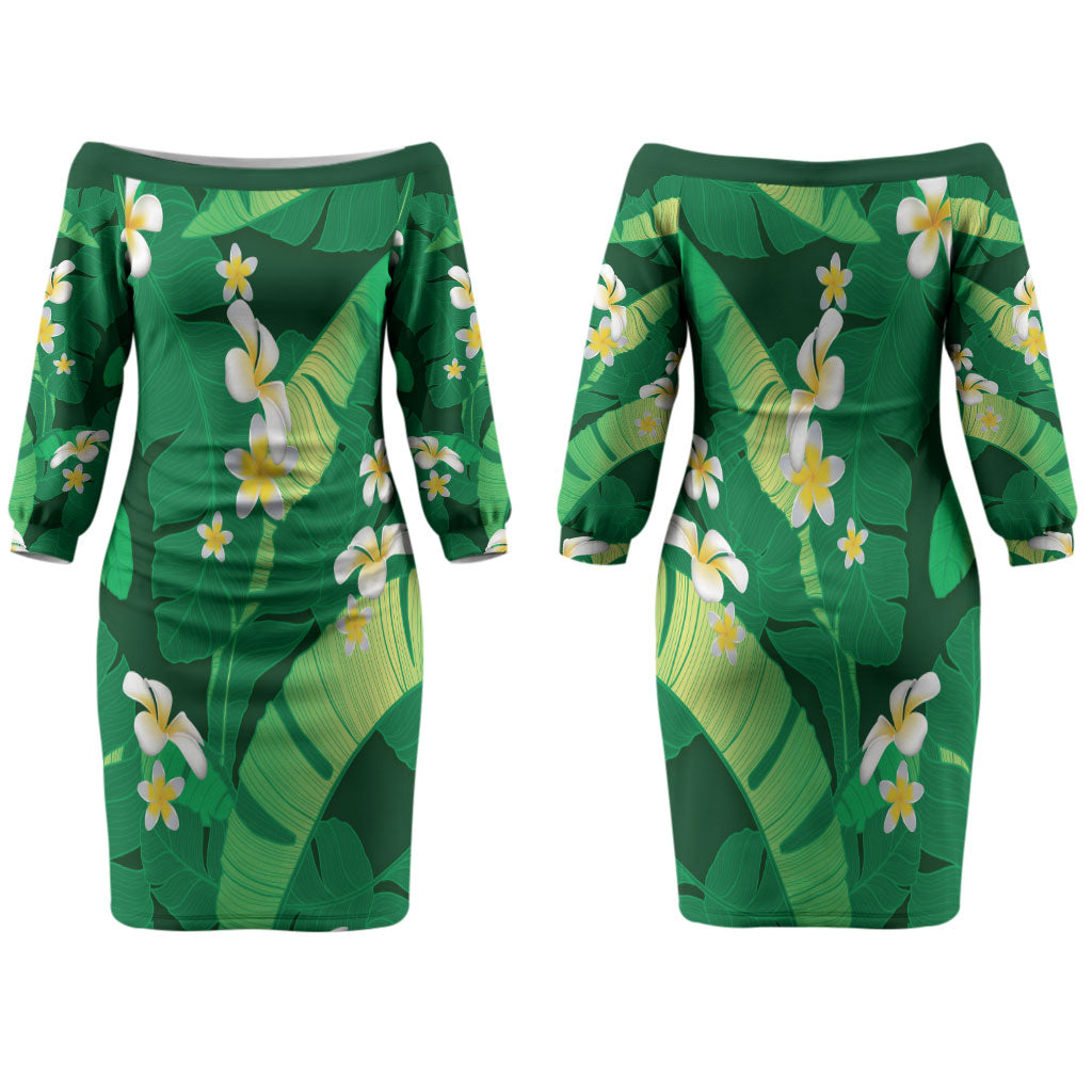 Green Banana Leaf Hawaii Family Matching Off The Shoulder Long Sleeve Dress and Hawaiian Shirt Lau Maia Plumeria Tropical Summer Vibes