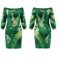Green Banana Leaf Hawaii Family Matching Off The Shoulder Long Sleeve Dress and Hawaiian Shirt Lau Maia Plumeria Tropical Summer Vibes