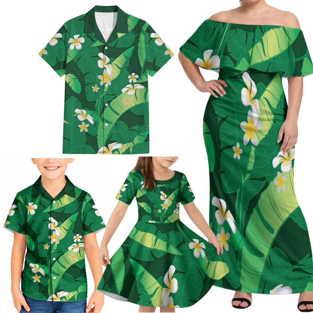 Green Banana Leaf Hawaii Family Matching Off Shoulder Maxi Dress and Hawaiian Shirt Lau Maia Plumeria Tropical Summer Vibes