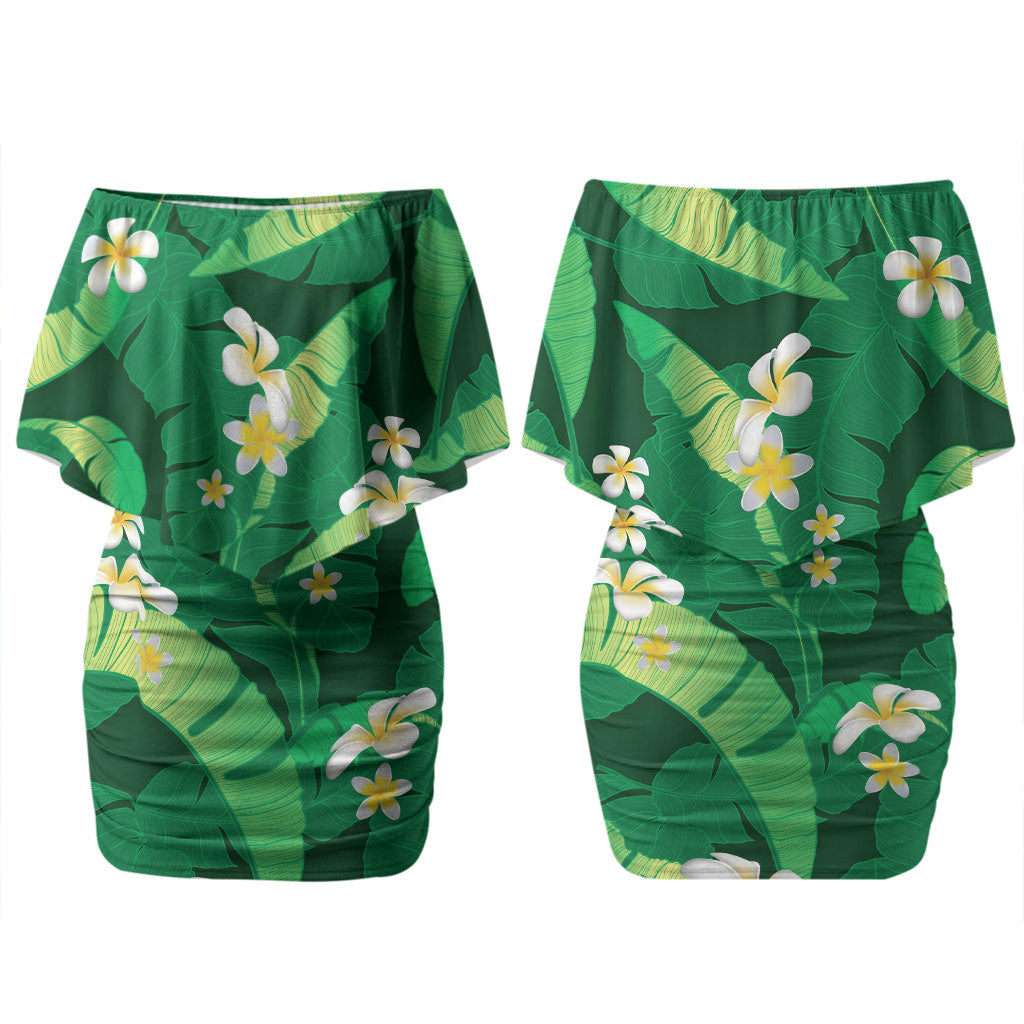 Green Banana Leaf Hawaii Family Matching Off Shoulder Short Dress and Hawaiian Shirt Lau Maia Plumeria Tropical Summer Vibes