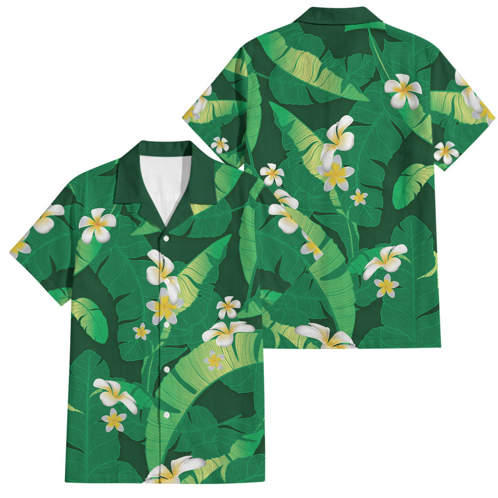 Green Banana Leaf Hawaii Family Matching Puletasi and Hawaiian Shirt Lau Maia Plumeria Tropical Summer Vibes
