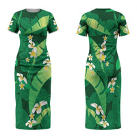 Green Banana Leaf Hawaii Family Matching Short Sleeve Bodycon Dress and Hawaiian Shirt Lau Maia Plumeria Tropical Summer Vibes
