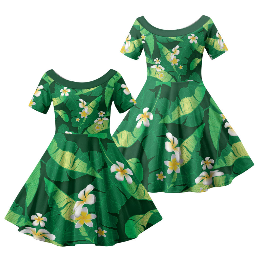 Green Banana Leaf Hawaii Family Matching Short Sleeve Bodycon Dress and Hawaiian Shirt Lau Maia Plumeria Tropical Summer Vibes