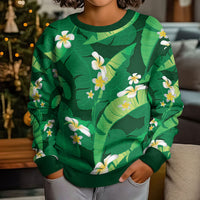 Green Banana Leaf Hawaii Kid Ugly Christmas Sweater Lau Maia Plumeria Tropical Summer Vibes