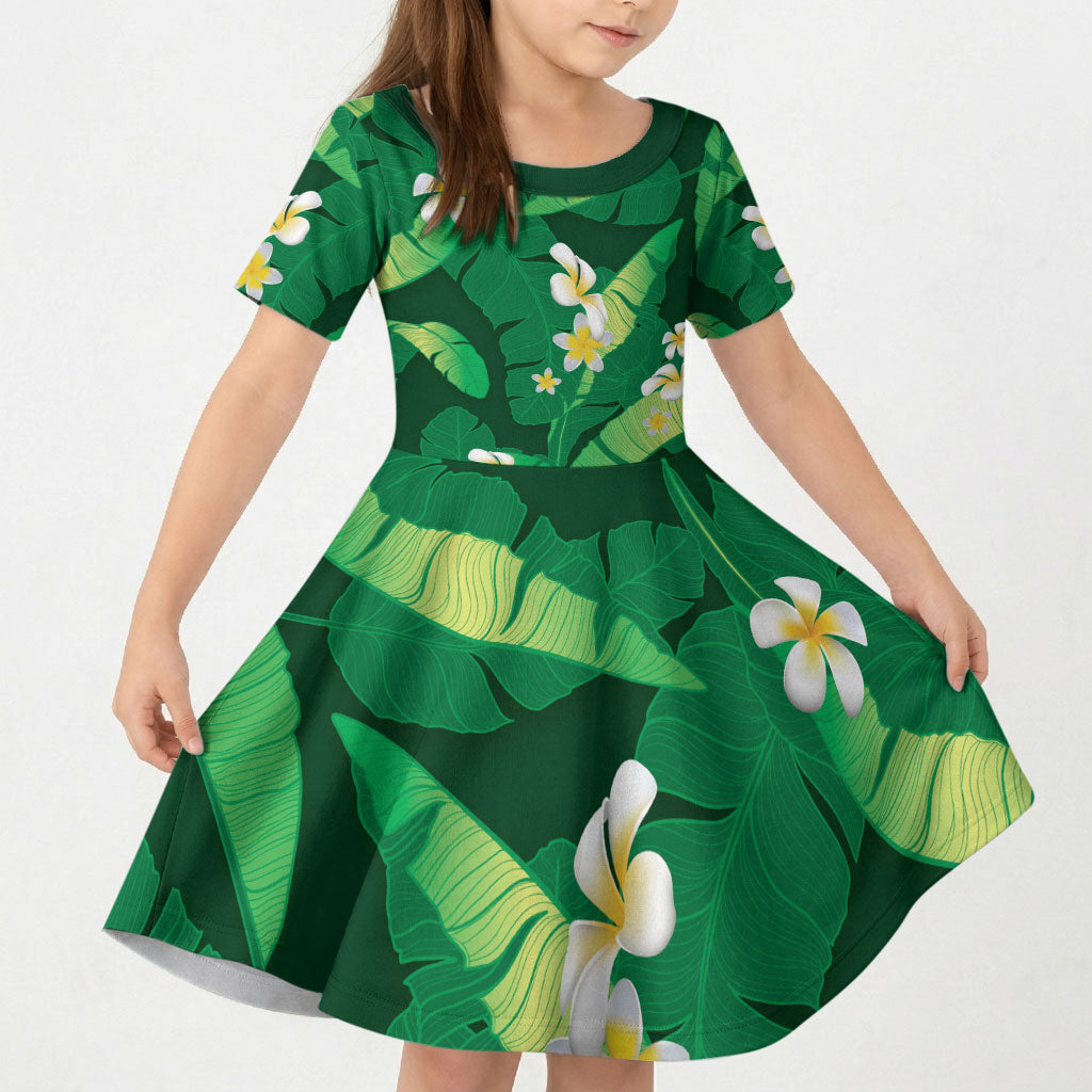 green banana leaf dress Hawaii Kid Short Sleeve Lau Maia Plumeria Tropical Summer Vibes Embellishments