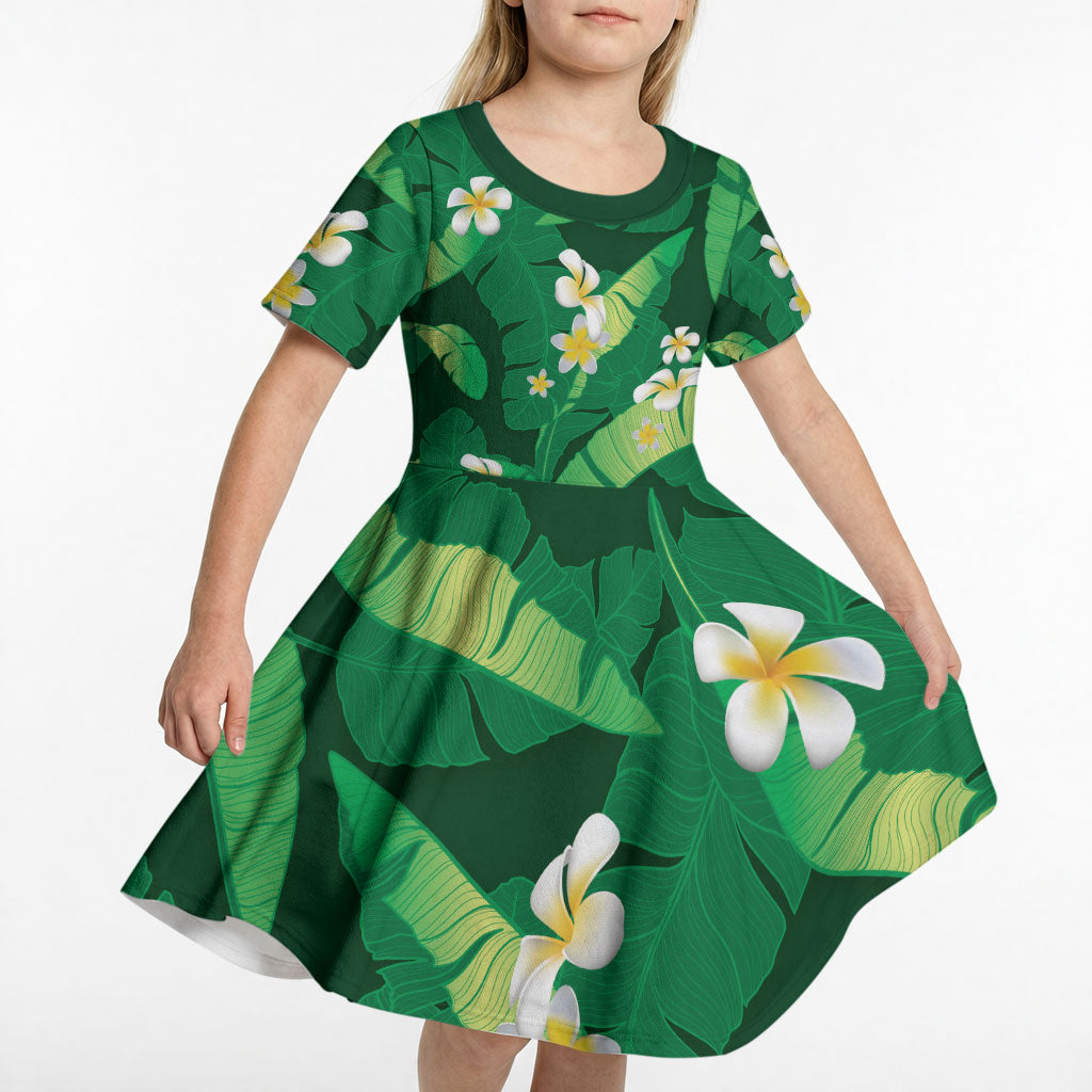 Green Banana Leaf Hawaii Kid Short Sleeve Dress Lau Maia Plumeria Tropical Summer Vibes