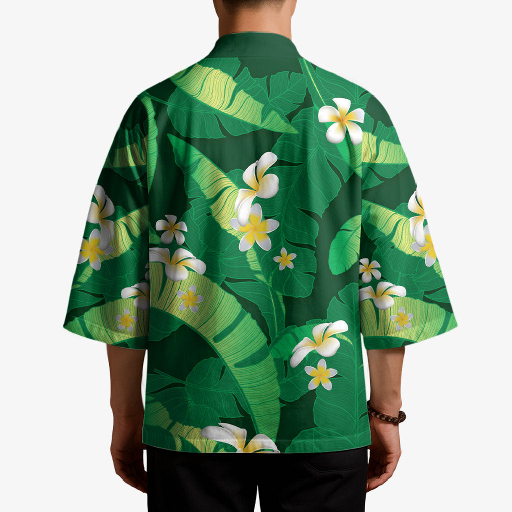 Green Banana Leaf Hawaii Kimono Lau Maia Plumeria Tropical Summer Vibes