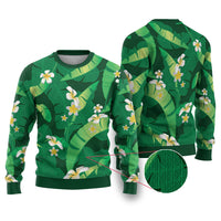 Green Banana Leaf Hawaii Ugly Christmas Sweater Lau Maia Plumeria Tropical Summer Vibes