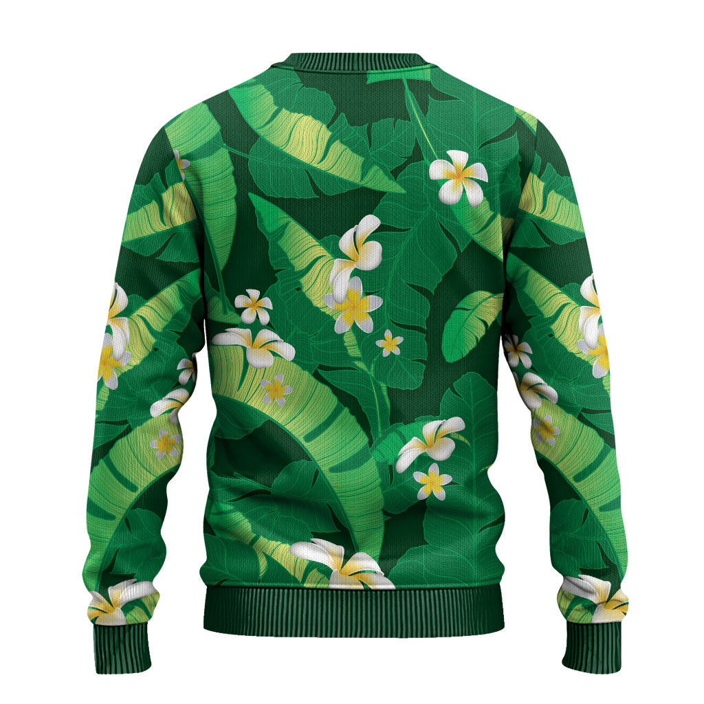 Green Banana Leaf Hawaii Ugly Christmas Sweater Lau Maia Plumeria Tropical Summer Vibes