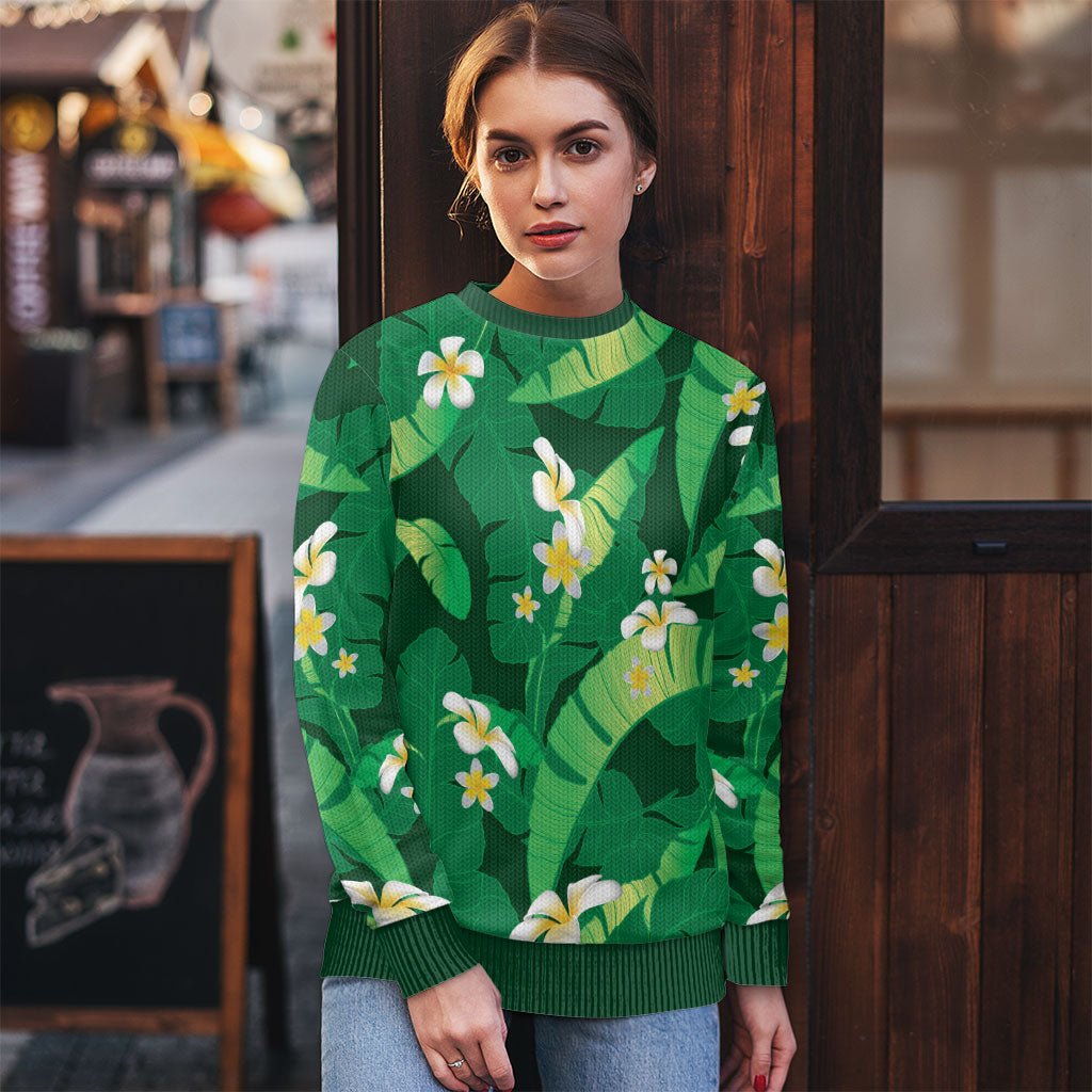 Green Banana Leaf Hawaii Ugly Christmas Sweater Lau Maia Plumeria Tropical Summer Vibes