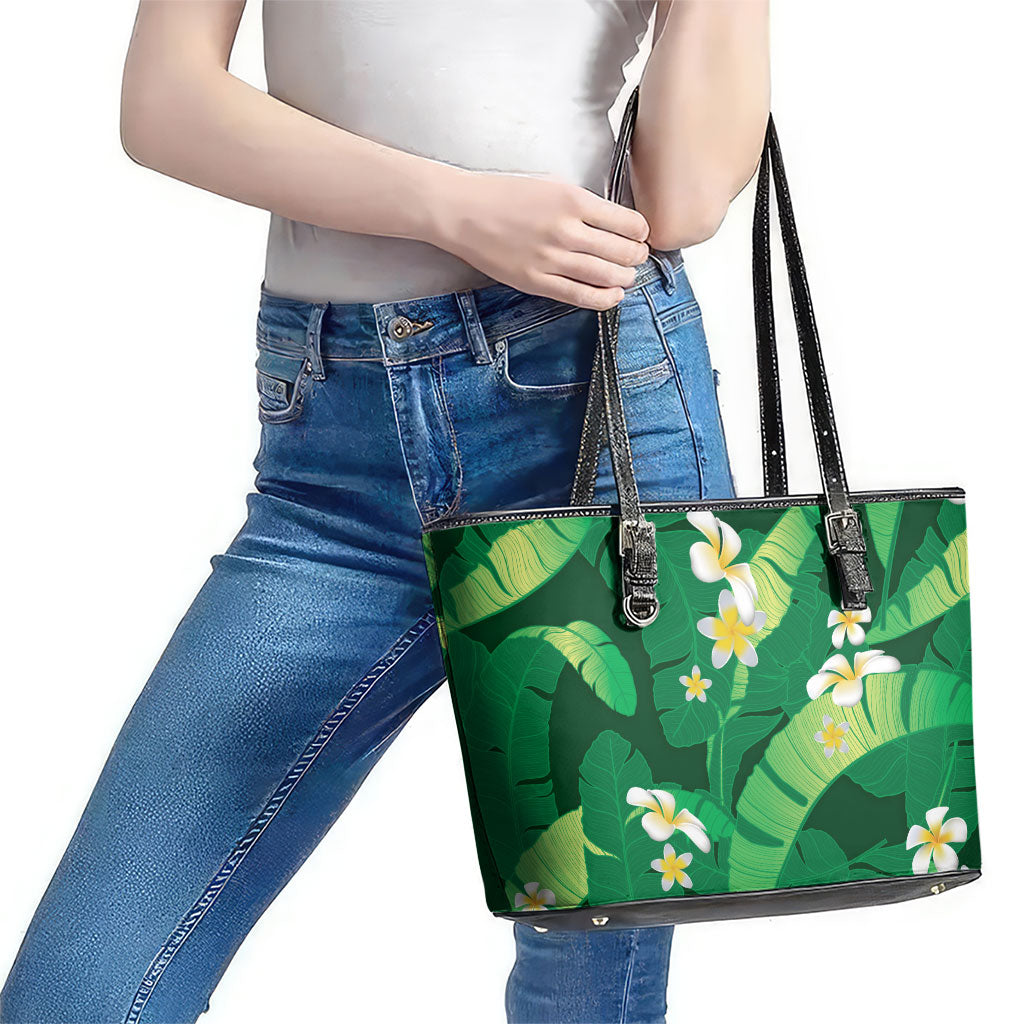 Green Banana Leaf Hawaii Leather Tote Bag Lau Maia Plumeria Tropical Summer Vibes