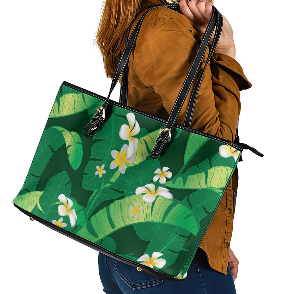 Green Banana Leaf Hawaii Leather Tote Bag Lau Maia Plumeria Tropical Summer Vibes