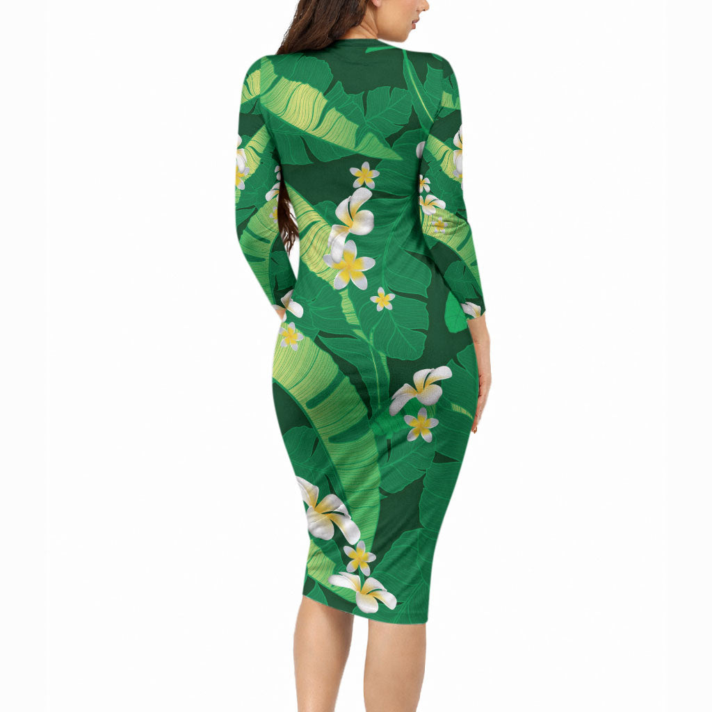 Green Banana Leaf Hawaii Long Sleeve Bodycon Dress Lau Maia Plumeria Tropical Summer Vibes LT14 - Polynesian Pride