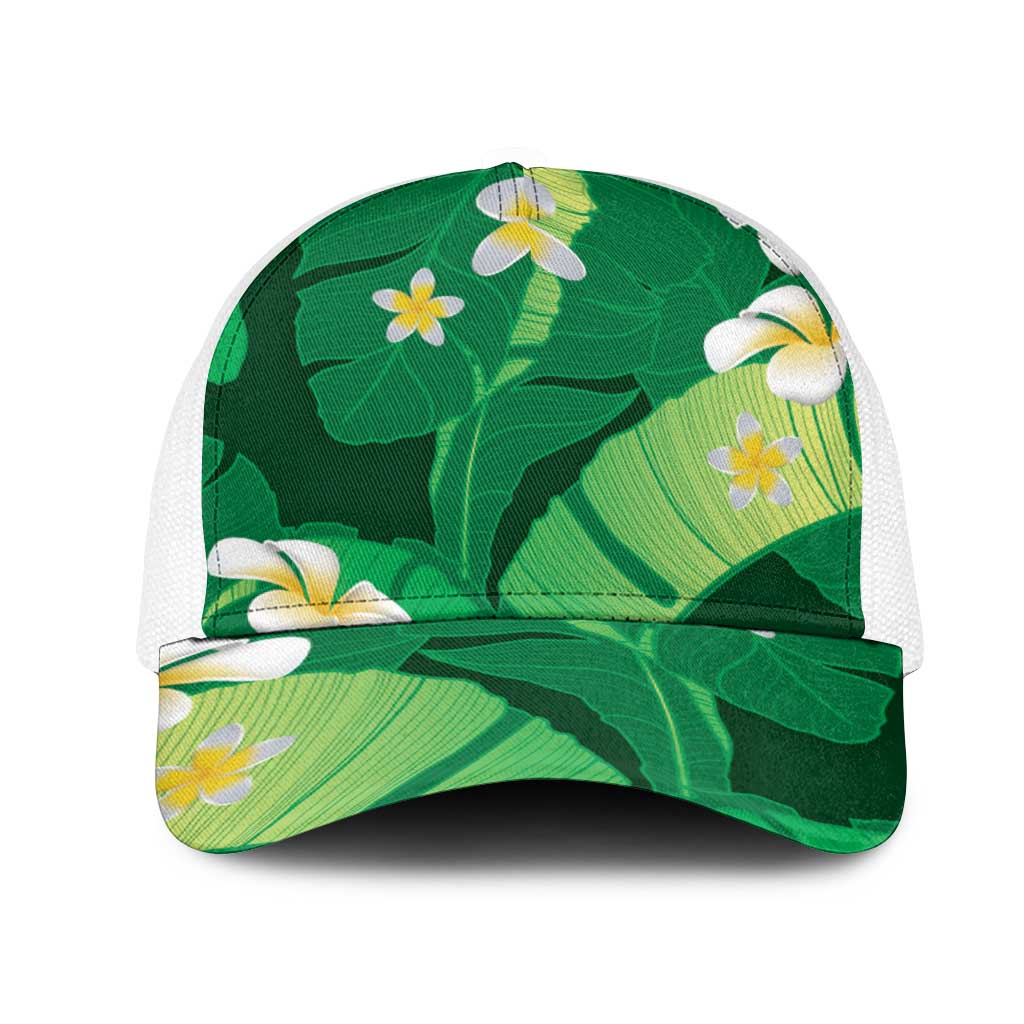Green Banana Leaf Hawaii Mesh Trucker Cap Lau Maia Plumeria Tropical Summer Vibes LT14 One Size White Green - Polynesian Pride